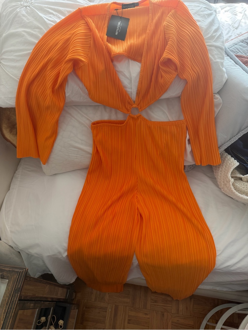 PrettyLittleThing Vibrant Orange Ring-Front Pleated Jumpsuit